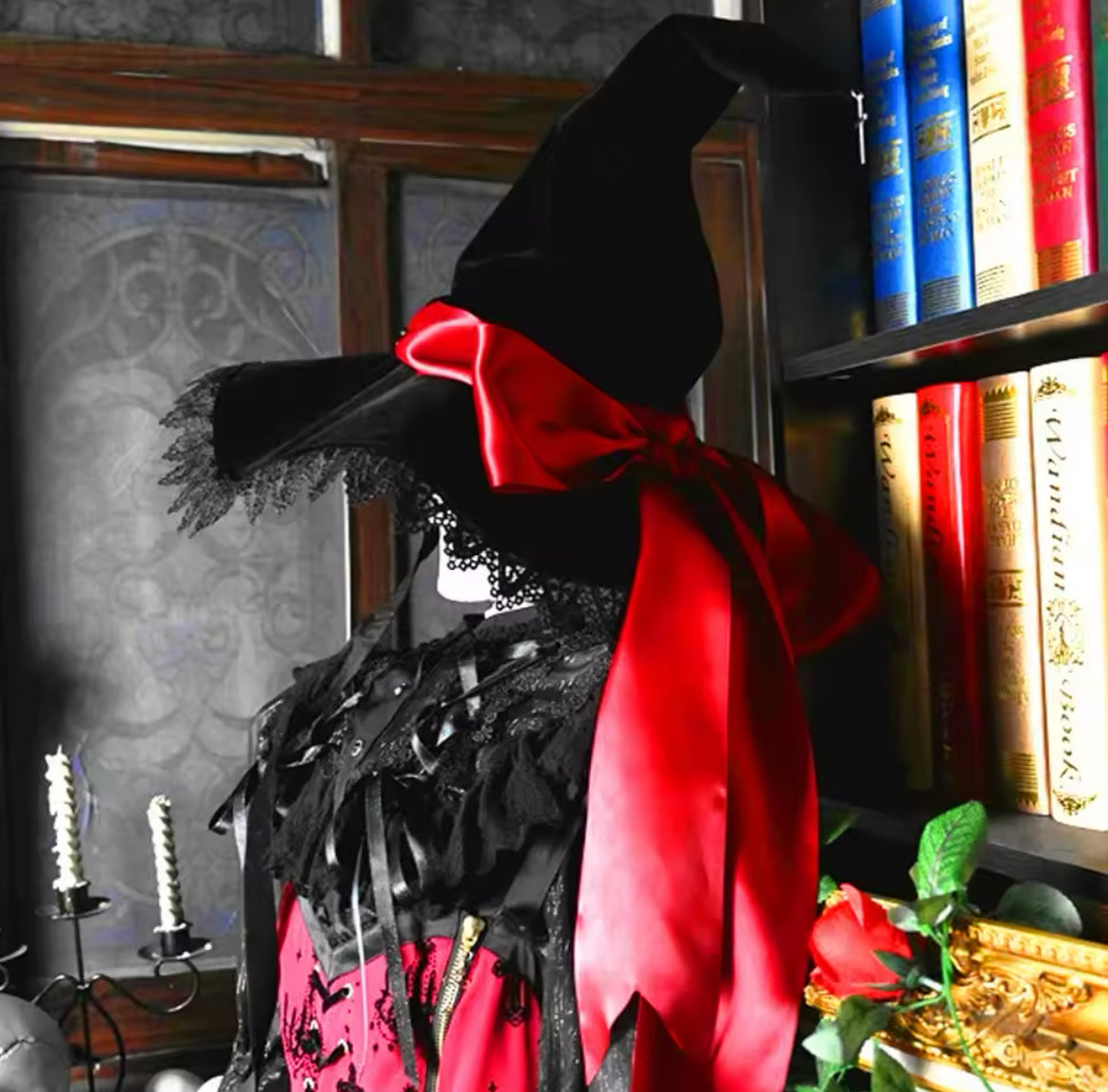 “Magickal Elegant Witch Hat – Lace-Trimmed with Satin Bow”