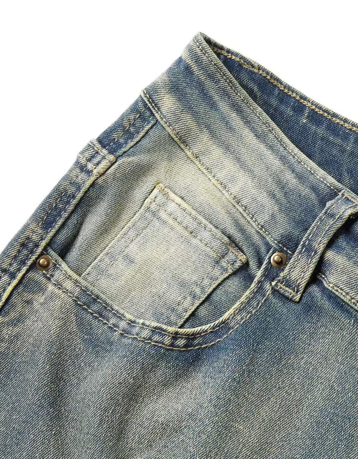Mens Streetwear Distressed Flare Jeans Retro Patchwork Denim with Frayed Spiral Detailing