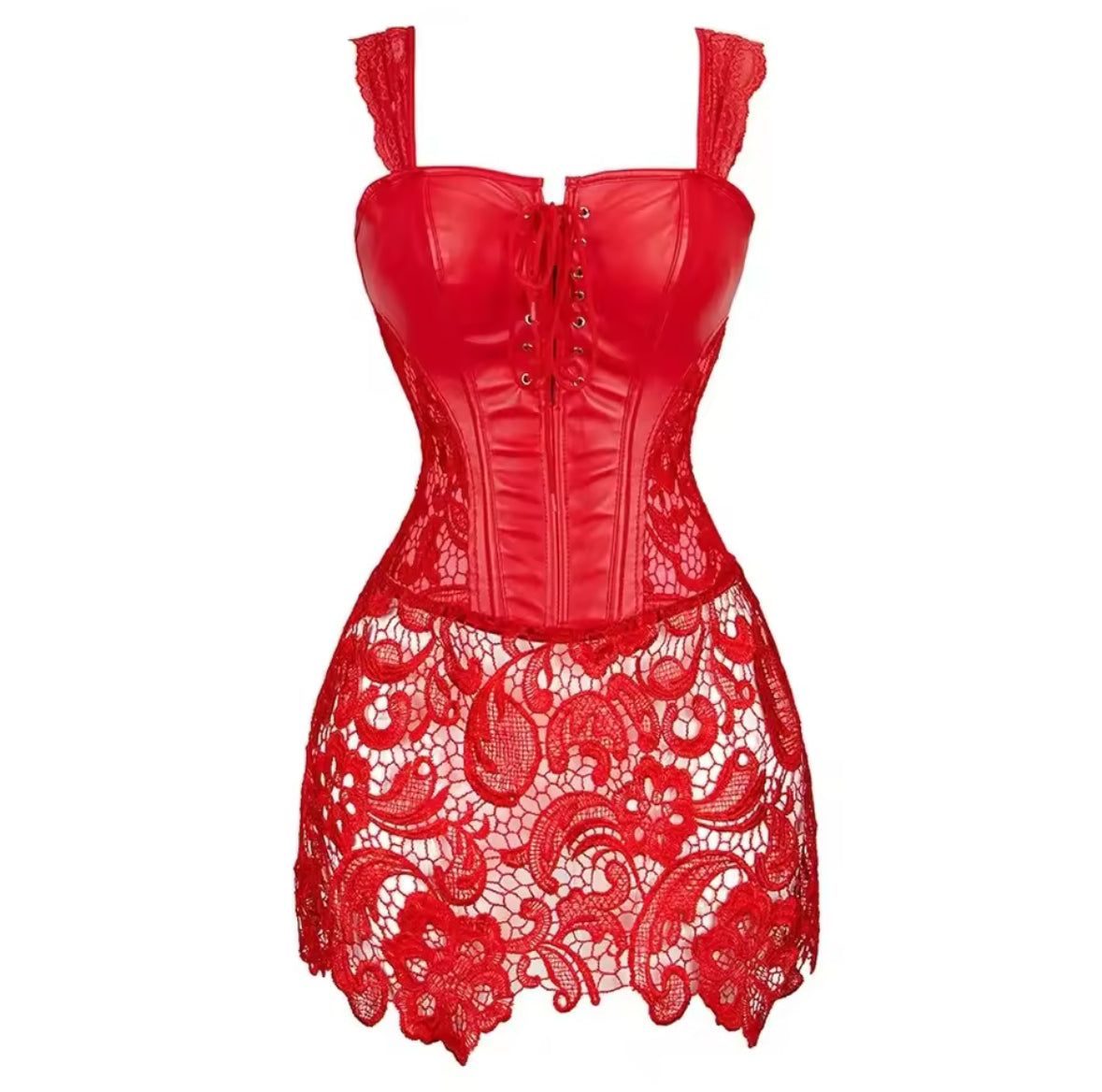 New Gorgeous Lace & Leather Corset Mini Dress Lingerie