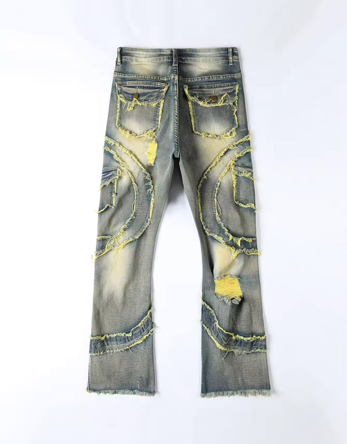 Mens Streetwear Distressed Flare Jeans Retro Patchwork Denim with Frayed Spiral Detailing