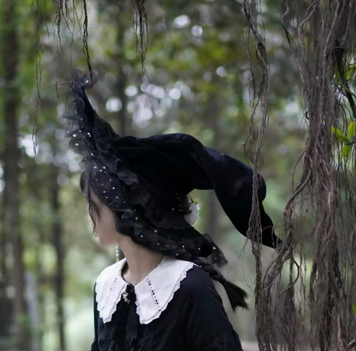 “Starlit Enchantment Witch Hat – Lace, Ribbons, and Celestial Accents” Magickal & Alluring