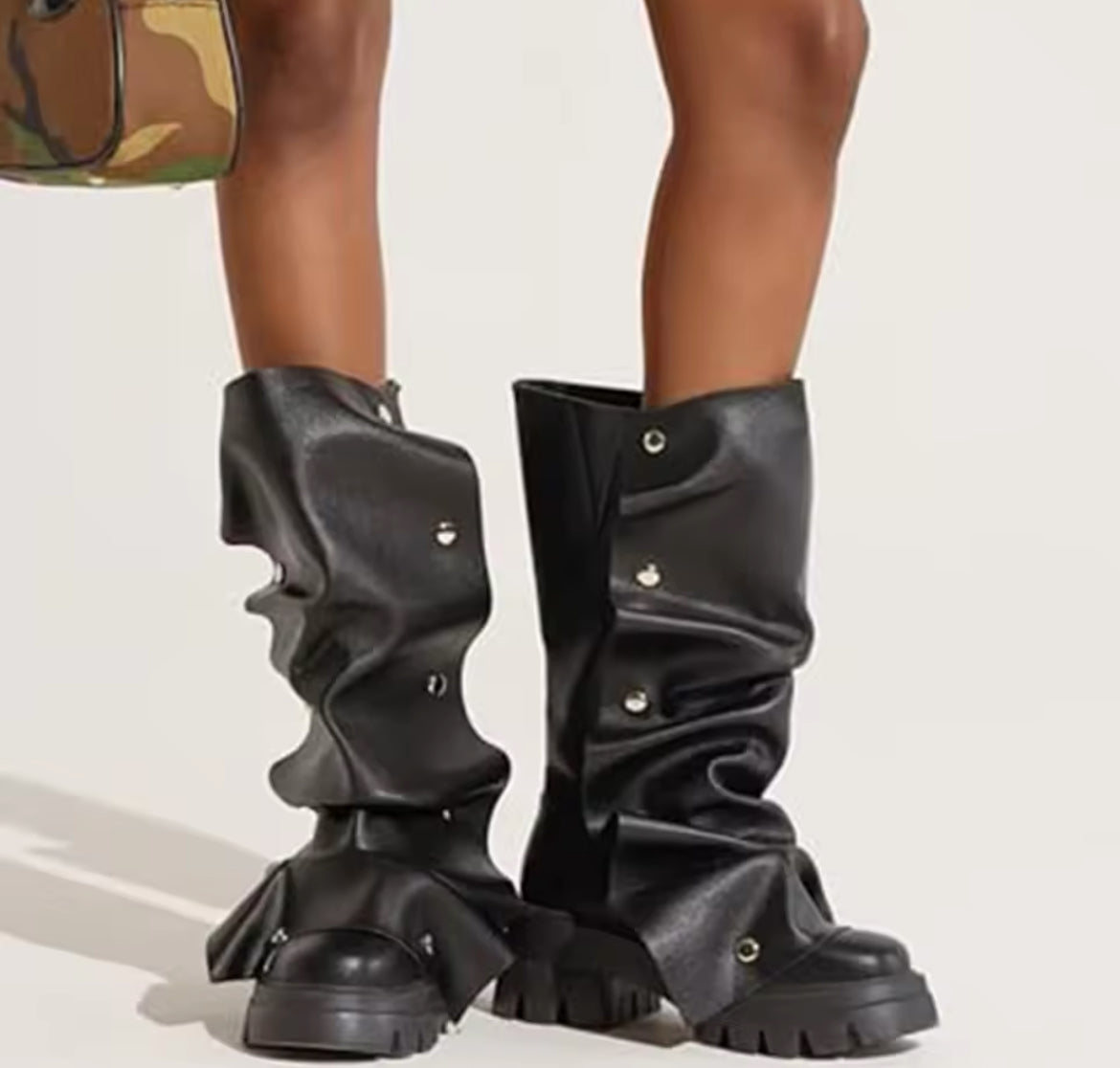 Slouchy Wrinkled Combat Chunky Stylish Glam Boots
