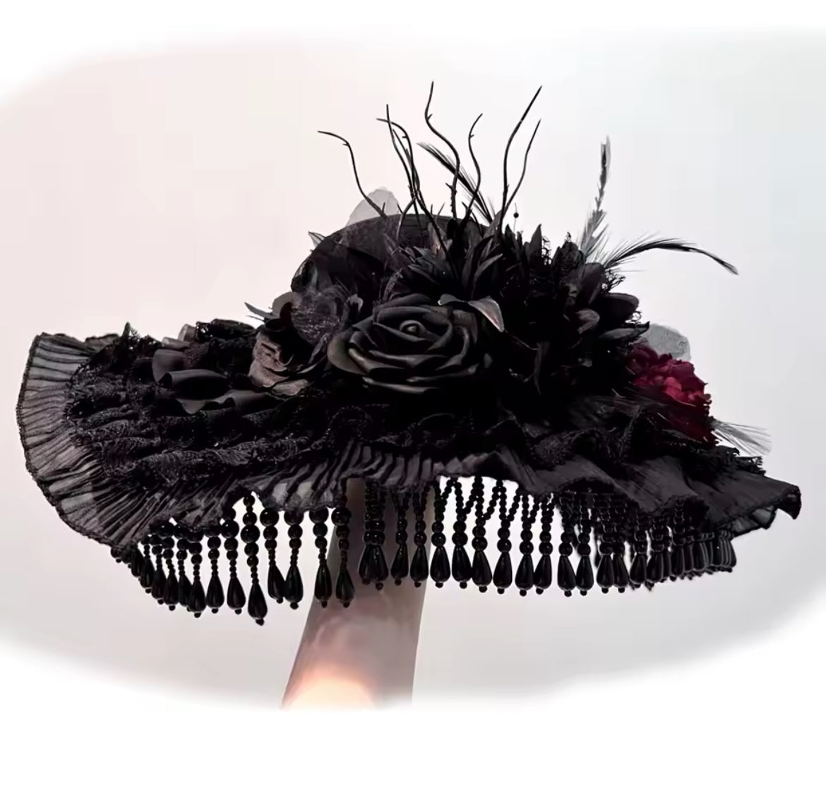 “Midnight Elegance Gothic Black Rose Victorian Mourning Hat with Cascading Beads”