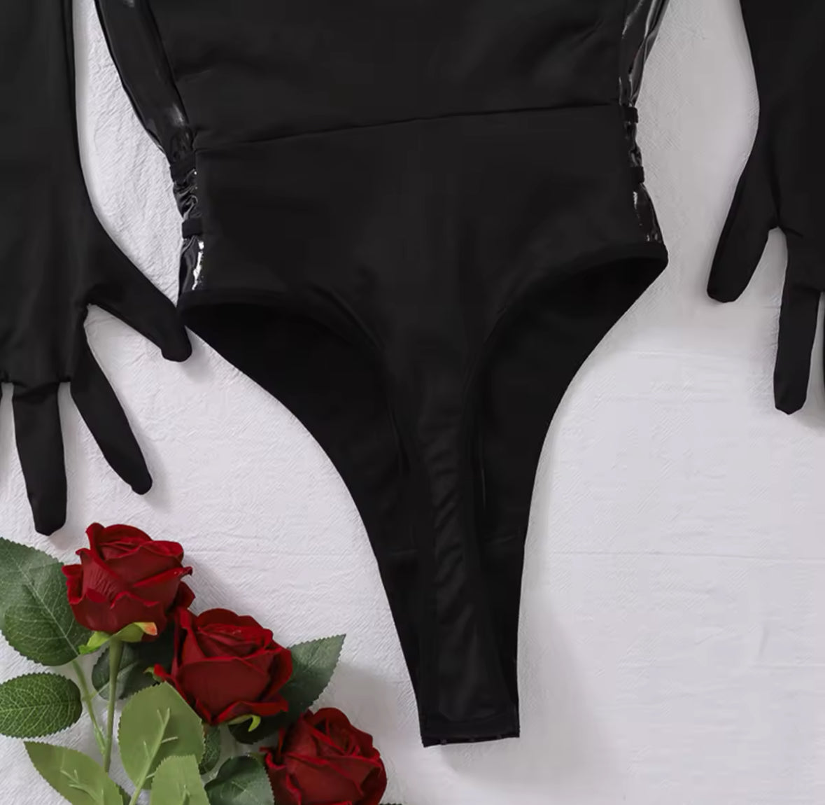 Noir 3-Piece Lingerie Set Faux Leather Bodysuit, Waist Belt & Gloves
