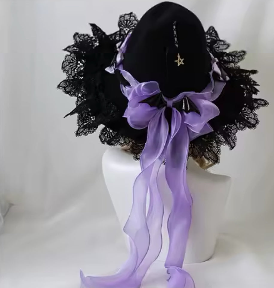 “Enchanted Moonlit Witch Hat – Lace Trimmed with Satin Bows and Mystical Charms”