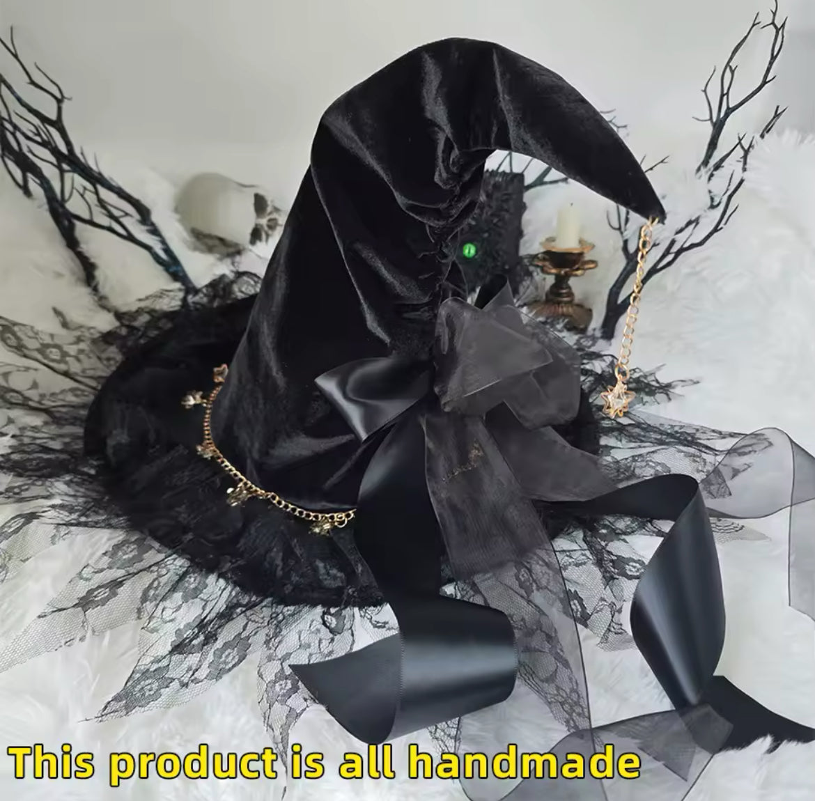 “Celestial Charm Lace Witch Hat – Handmade Velvet with Gold Magickal Charm Accents”