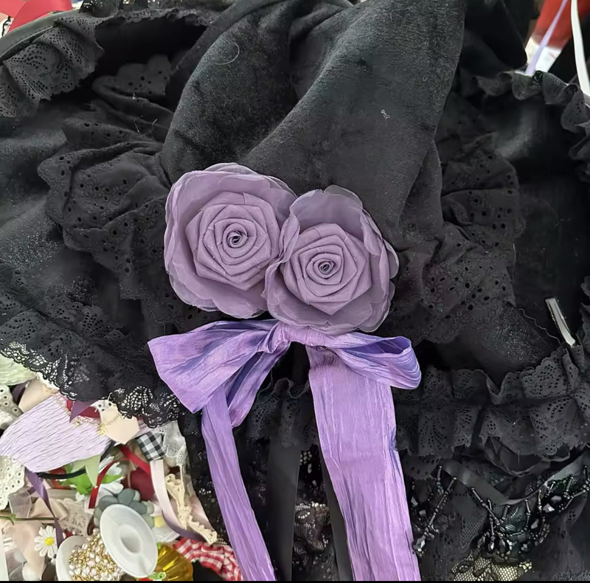 “Victorian Rose Lolita Witch Hat – Handmade with Lace and Satin Roses” Stunning Magickal
