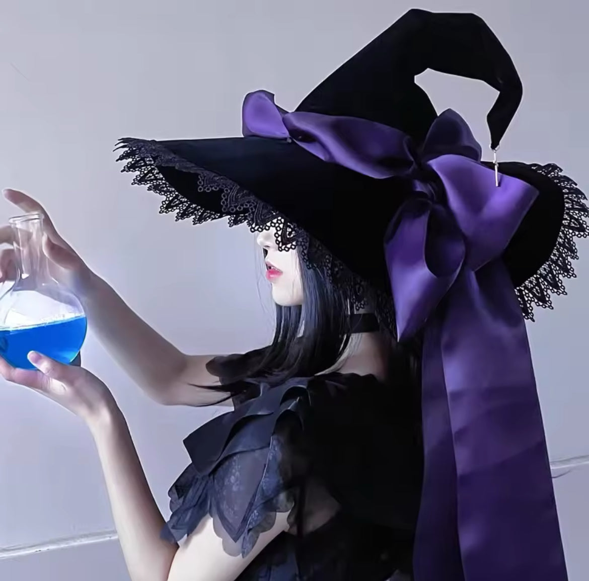 “Magickal Elegant Witch Hat – Lace-Trimmed with Satin Bow”
