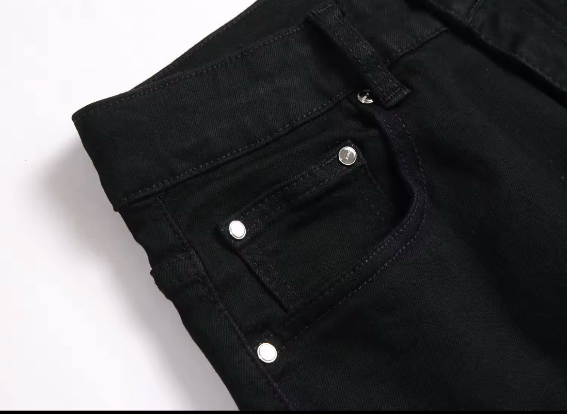 New Mens Gothic Skull Embroidered Jeans Slim Fit Streetwear Denim with Green Skull Graphic Print