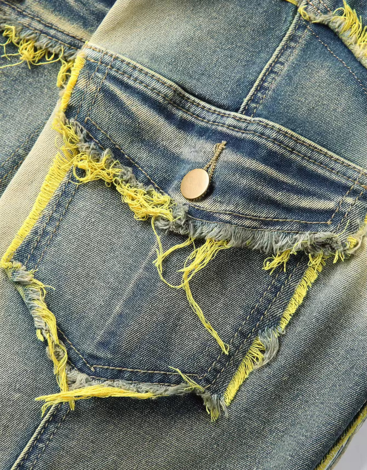 Mens Streetwear Distressed Flare Jeans Retro Patchwork Denim with Frayed Spiral Detailing
