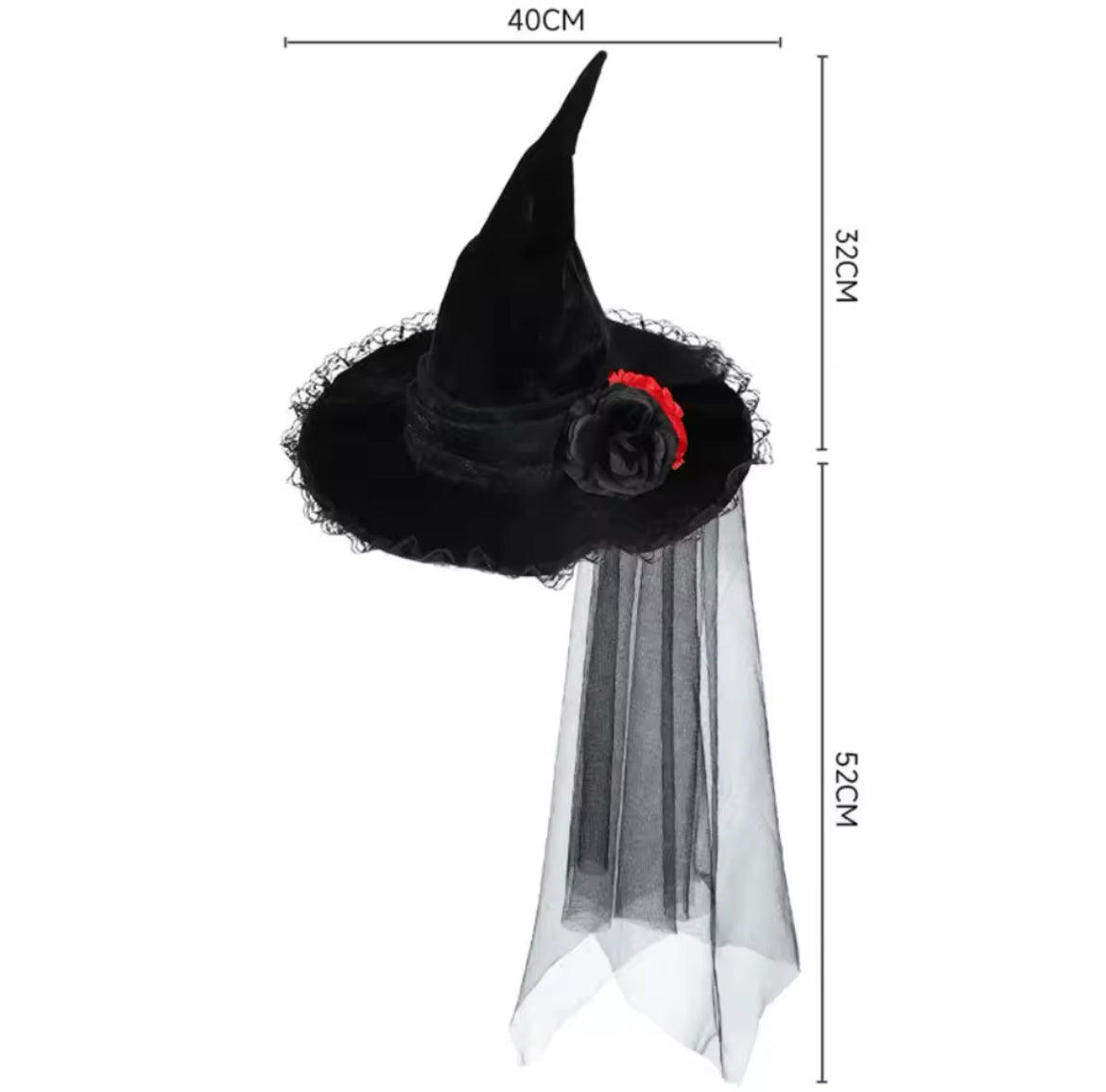“Baroque Black Lace Witch Hat – Gothic Veil & Rose Accent for Rituals or Costumes”