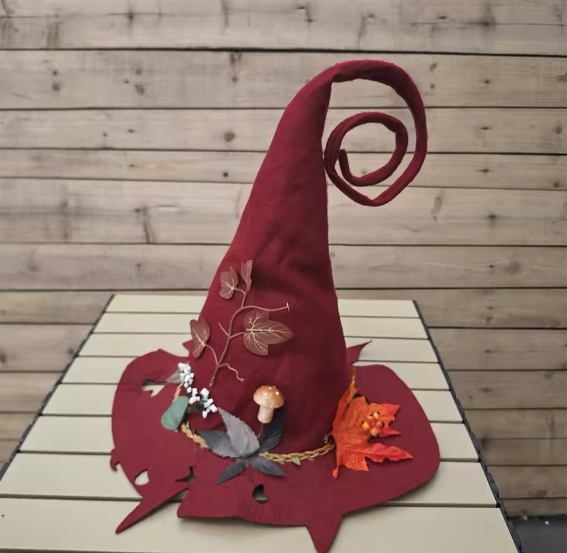 Beautiful Rustic Autumn Witch Hat – Handcrafted with Leaves, Mushrooms & Spiral Design”