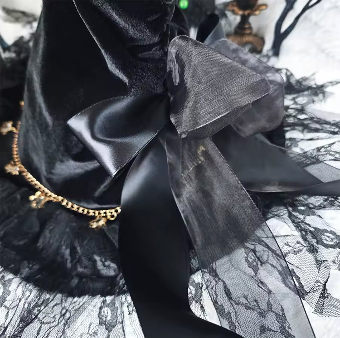 “Celestial Charm Lace Witch Hat – Handmade Velvet with Gold Magickal Charm Accents”
