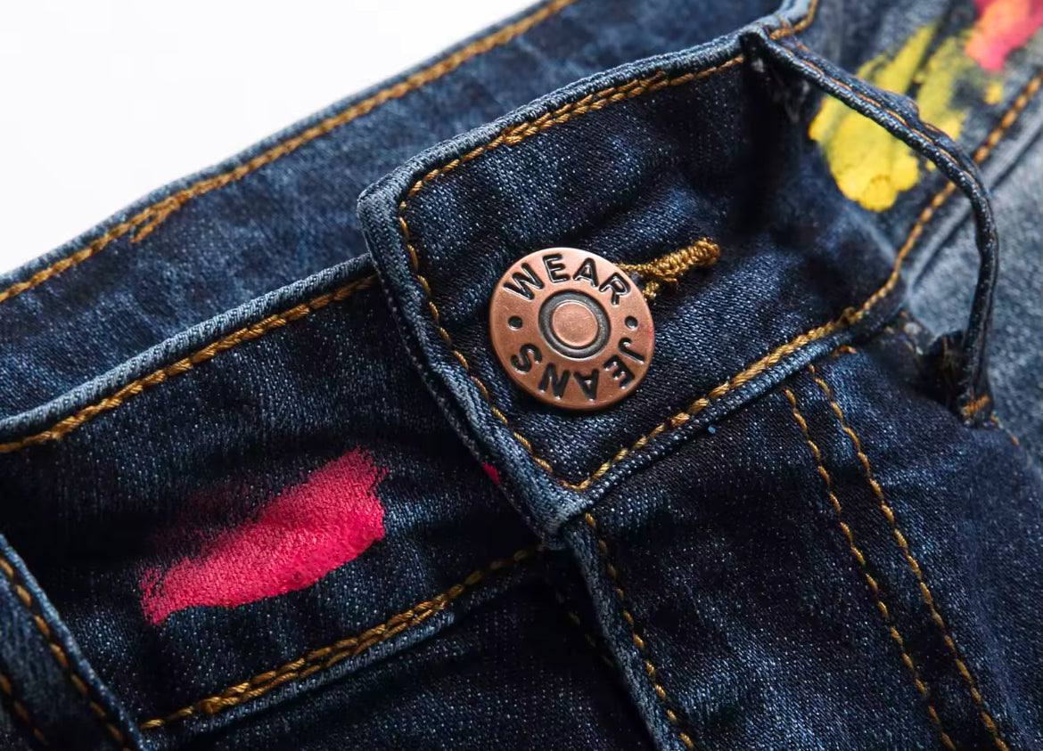 New Mens Slim Fit Paint Splatter Jeans Artistic Streetwear Denim