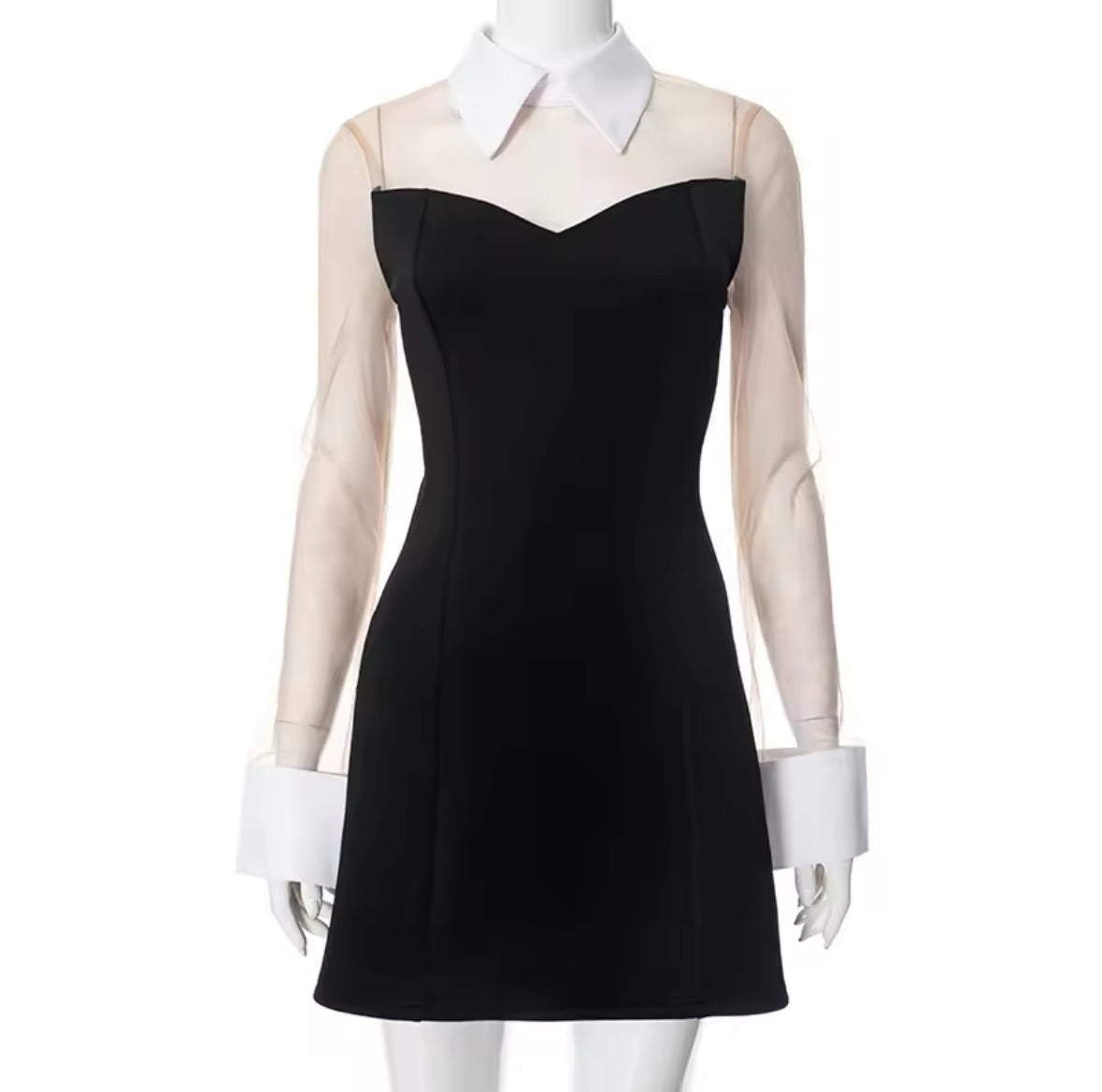Chic Contrast Collar Sheer Sleeve Mini Dress