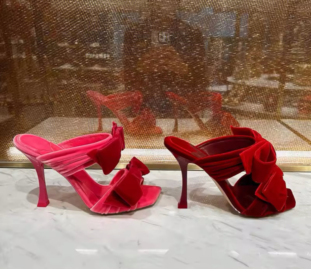 Velvet Bow Heels Square Toe Sandals – Black, Pink, Red