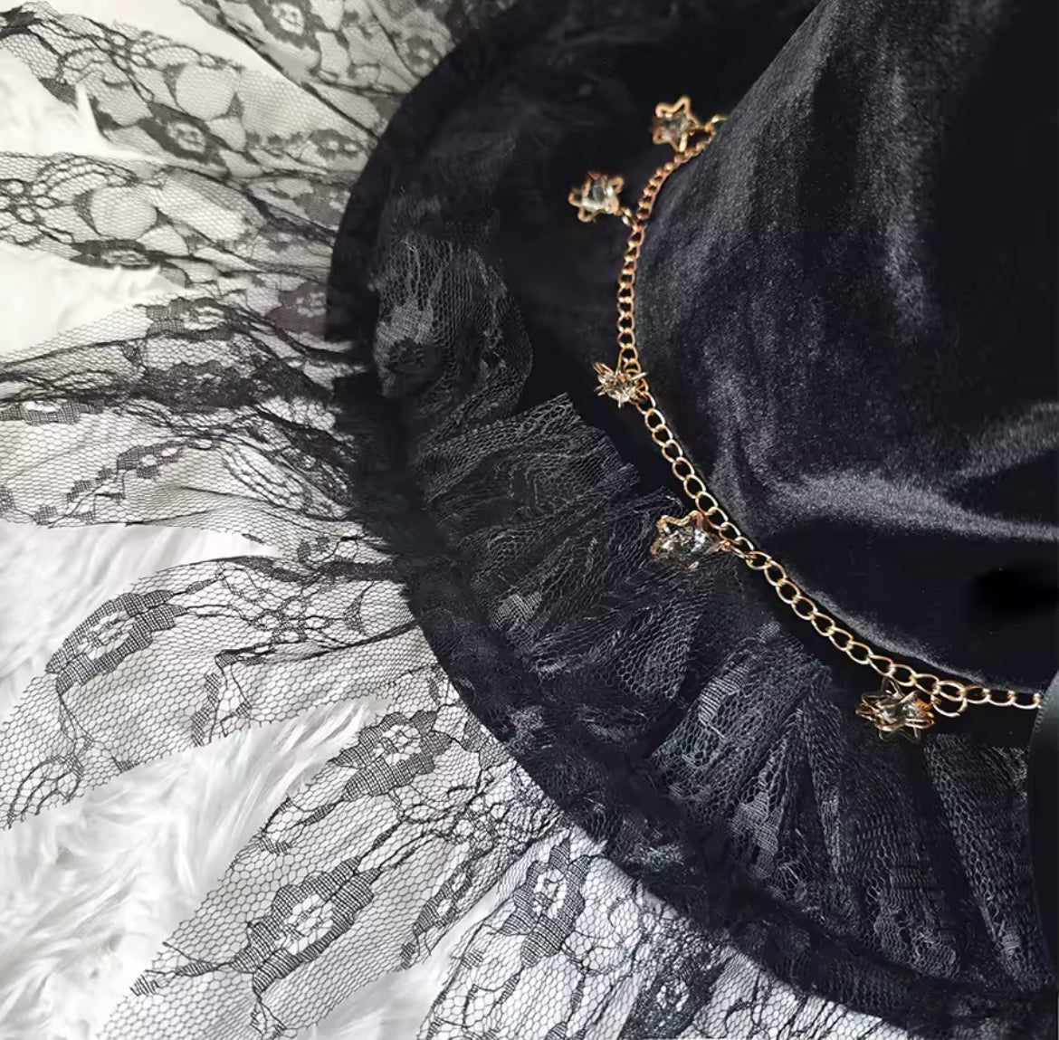 “Celestial Charm Lace Witch Hat – Handmade Velvet with Gold Magickal Charm Accents”