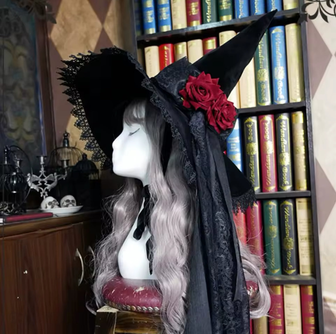 “Velvet Enchanting Midnight Witch Hat – Roses, Lace, and Enchanting Elegance”