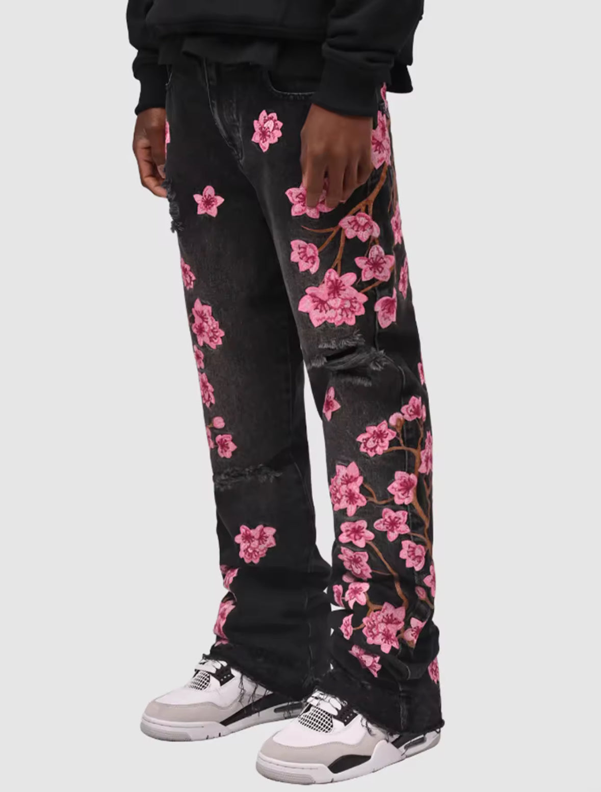 New Mens Cherry Blossom Embroidered Denim Jeans Distressed Floral Straight-Leg Pants