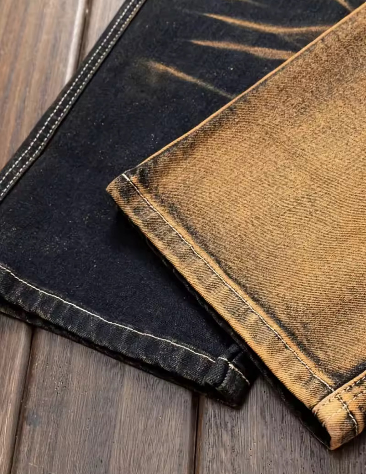 π₯ Black & Gold Two-Tone Cargo Jeans β Streetwear Slim Fit Vintage Wash Denim for Men