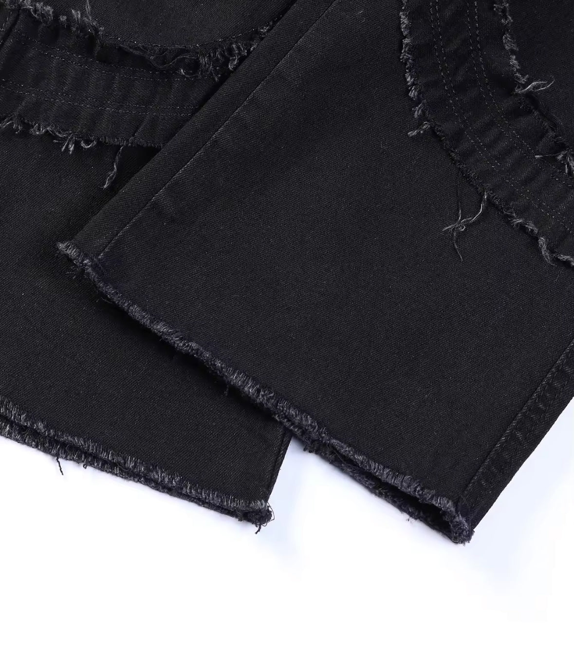 Mens Streetwear Distressed Flare Jeans Retro Patchwork Denim with Frayed Spiral Detailing
