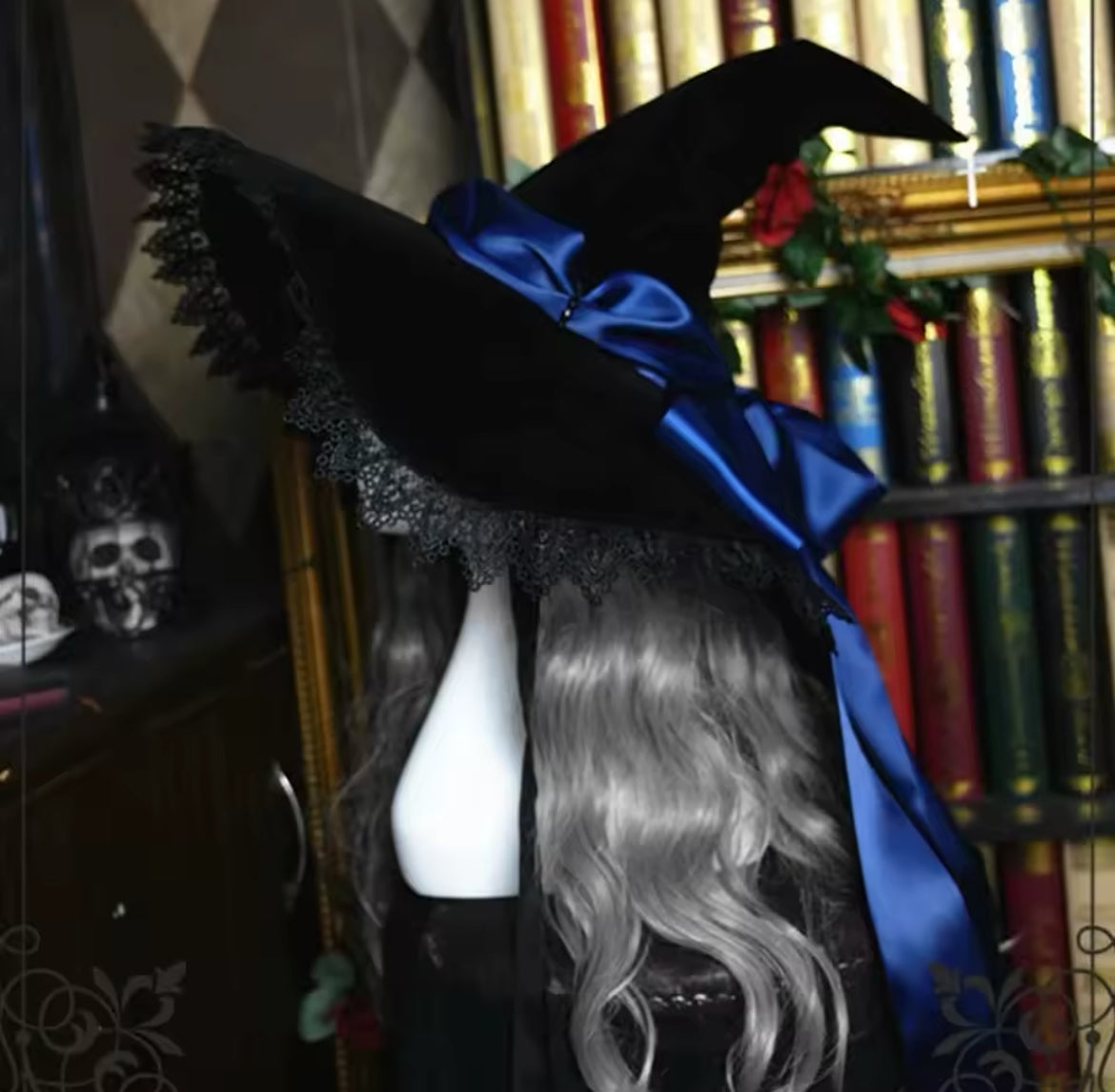 “Magickal Elegant Witch Hat – Lace-Trimmed with Satin Bow”
