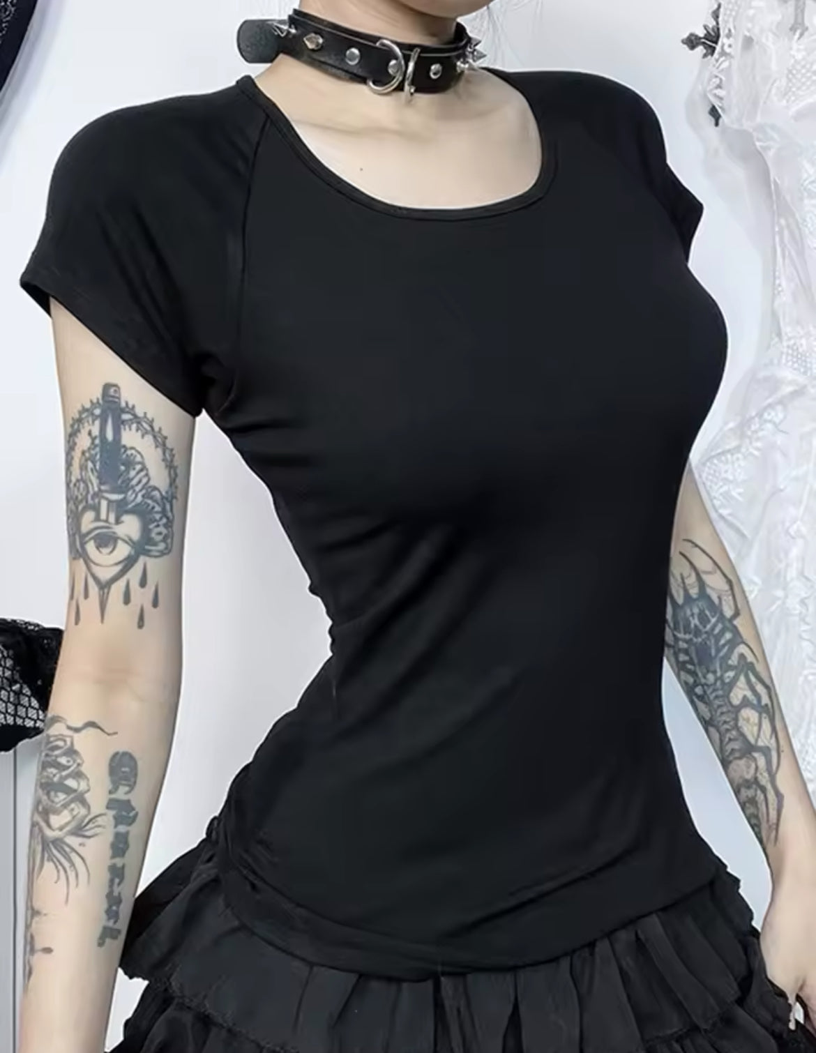 New Black Mesh Back Gothic Print Women’s T-Shirts Two Styles