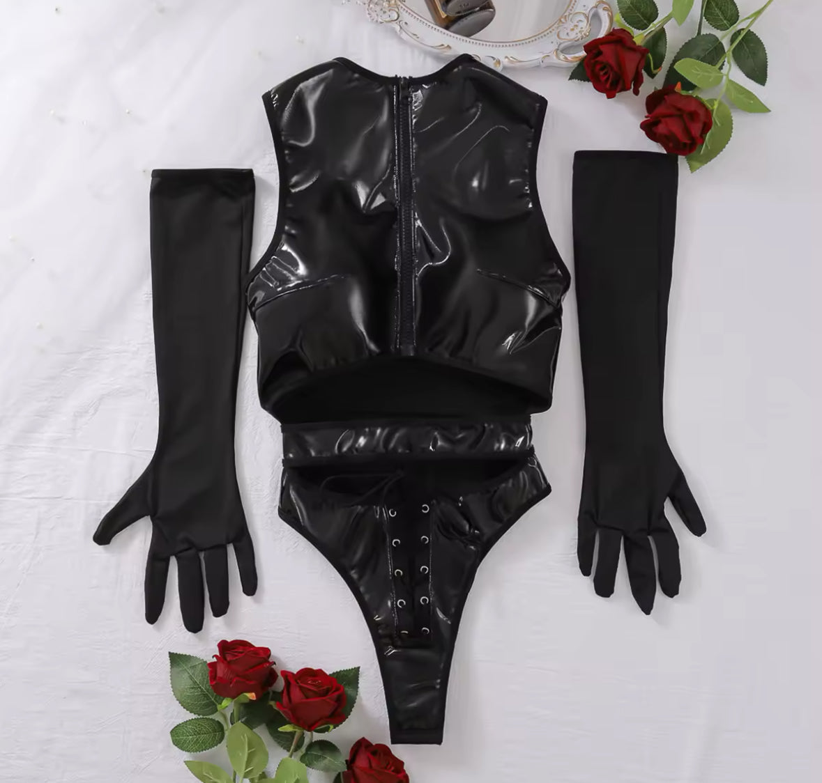 Noir 3-Piece Lingerie Set Faux Leather Bodysuit, Waist Belt & Gloves