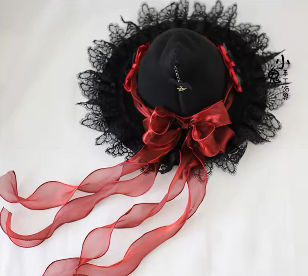 “Enchanted Moonlit Witch Hat – Lace Trimmed with Satin Bows and Mystical Charms”