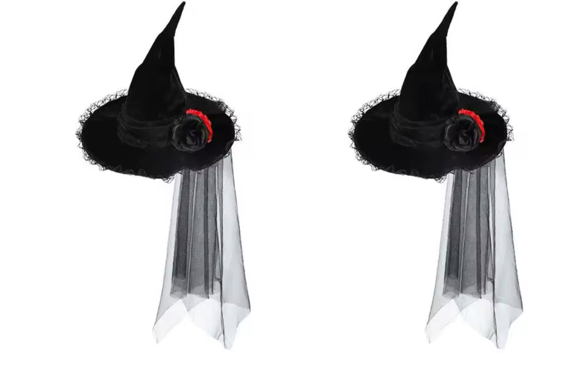 “Baroque Black Lace Witch Hat – Gothic Veil & Rose Accent for Rituals or Costumes”