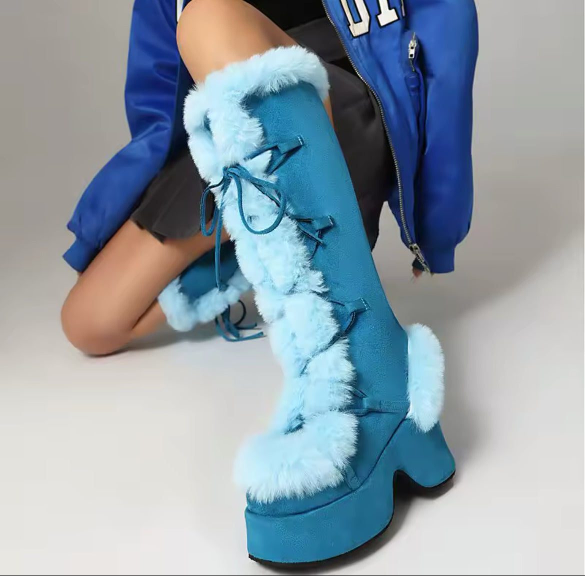 New Faux Fur Platform Knee- High Cozy Gothic Warm Chunky Boots