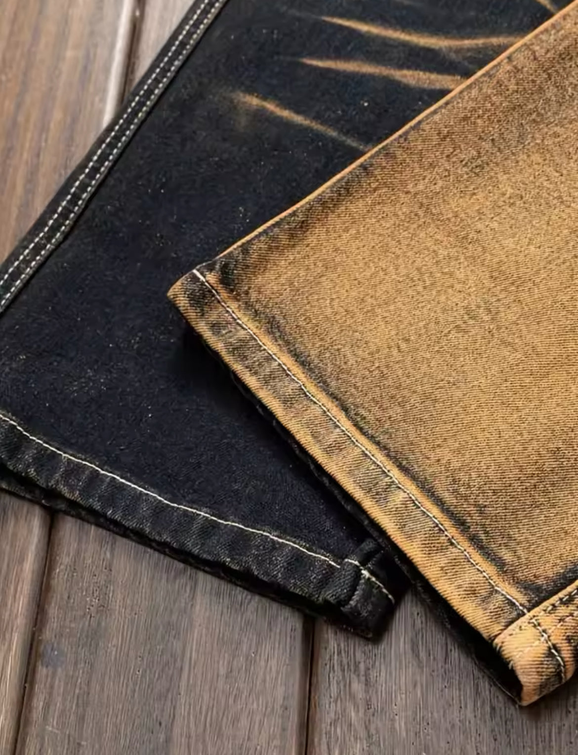 π₯ Black & Gold Two-Tone Cargo Jeans β Streetwear Slim Fit Vintage Wash Denim for Men