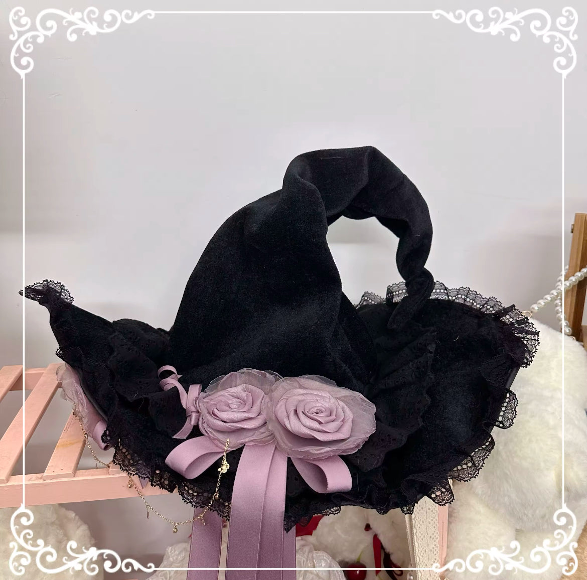 “Victorian Rose Lolita Witch Hat – Handmade with Lace and Satin Roses” Stunning Magickal