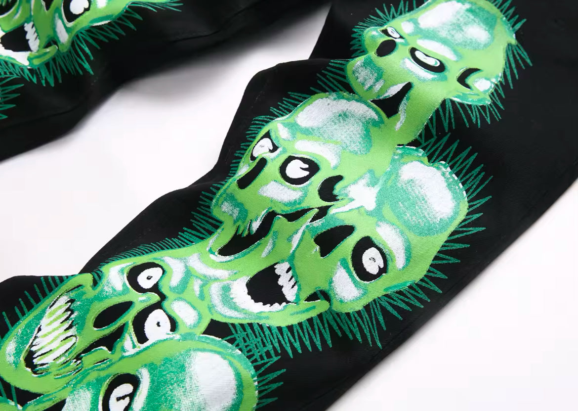 New Mens Gothic Skull Embroidered Jeans Slim Fit Streetwear Denim with Green Skull Graphic Print