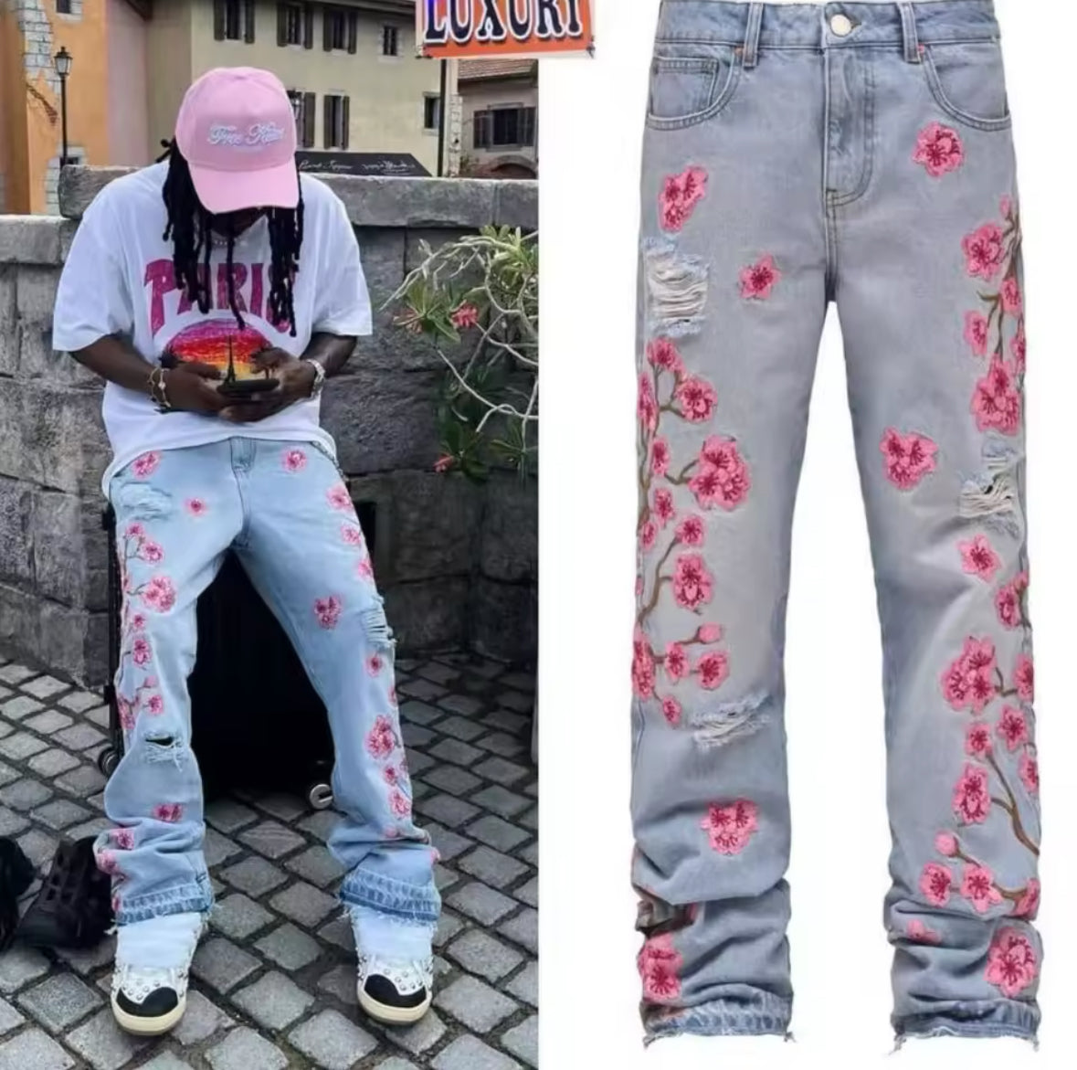 New Mens Cherry Blossom Embroidered Denim Jeans Distressed Floral Straight-Leg Pants