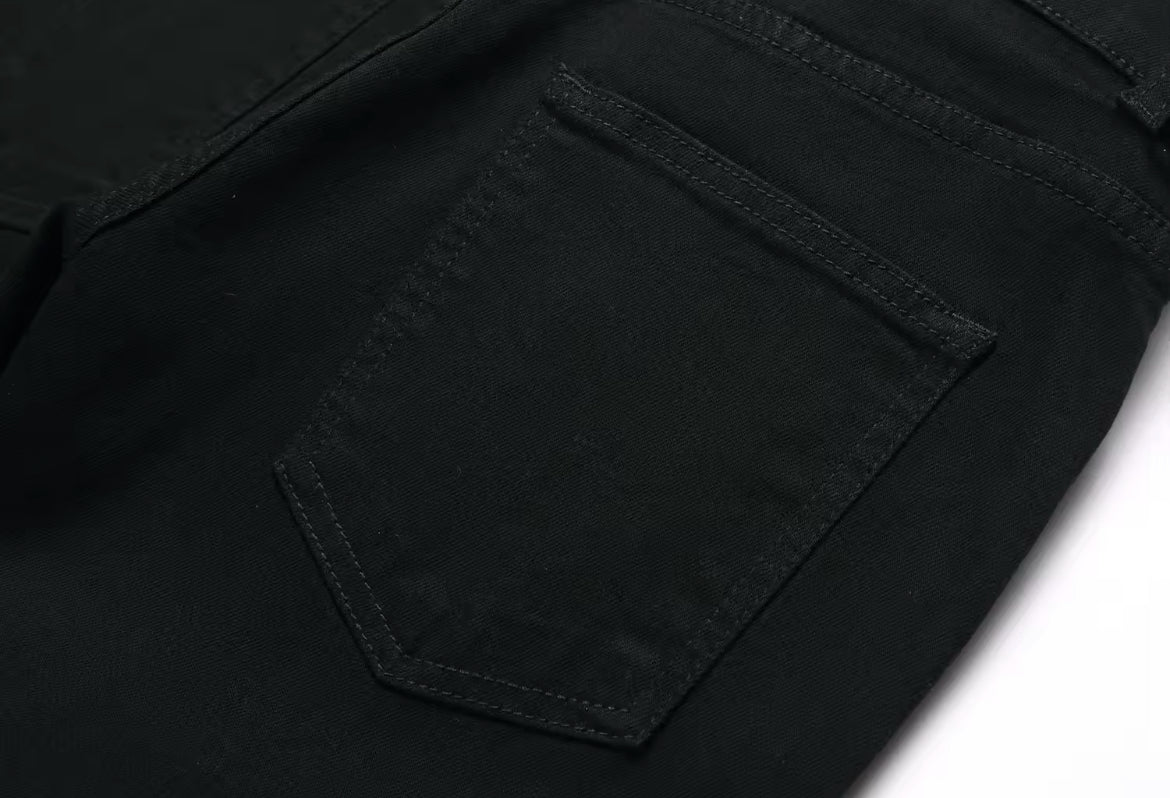 New Mens Gothic Skull Embroidered Jeans Slim Fit Streetwear Denim with Green Skull Graphic Print