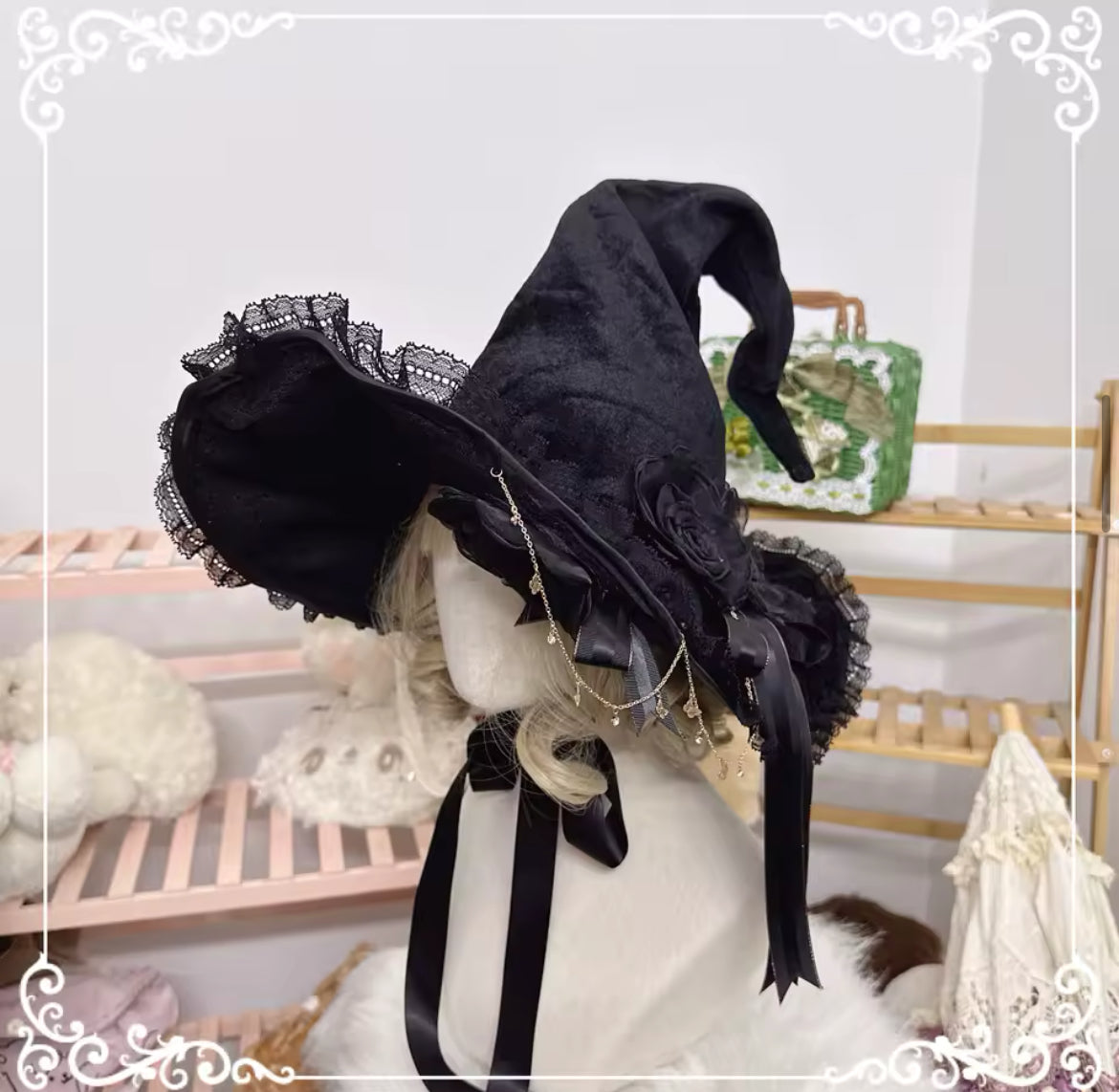 “Victorian Rose Lolita Witch Hat – Handmade with Lace and Satin Roses” Stunning Magickal