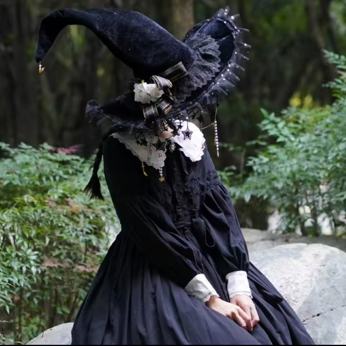 “Starlit Enchantment Witch Hat – Lace, Ribbons, and Celestial Accents” Magickal & Alluring