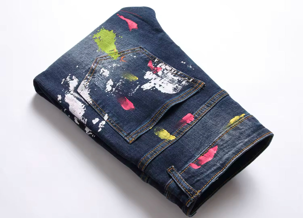 New Mens Slim Fit Paint Splatter Jeans Artistic Streetwear Denim