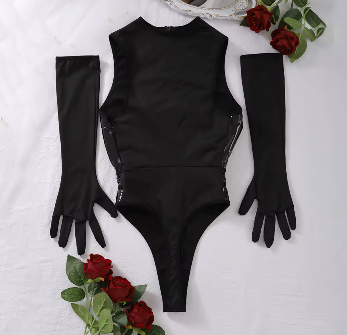 Noir 3-Piece Lingerie Set Faux Leather Bodysuit, Waist Belt & Gloves