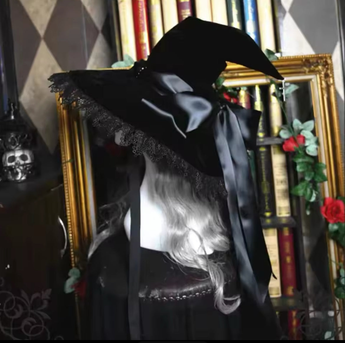 “Magickal Elegant Witch Hat – Lace-Trimmed with Satin Bow”
