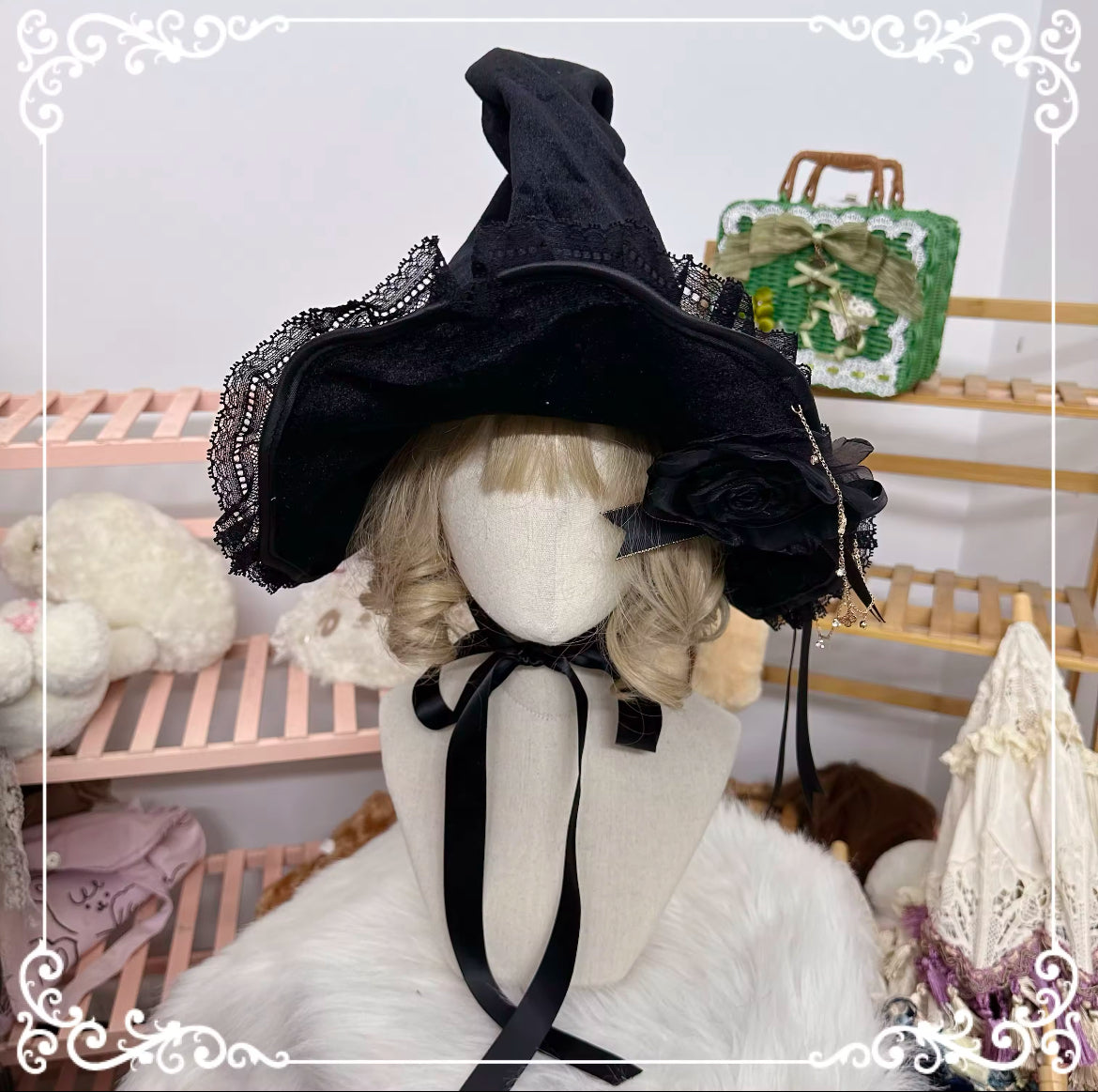 “Victorian Rose Lolita Witch Hat – Handmade with Lace and Satin Roses” Stunning Magickal
