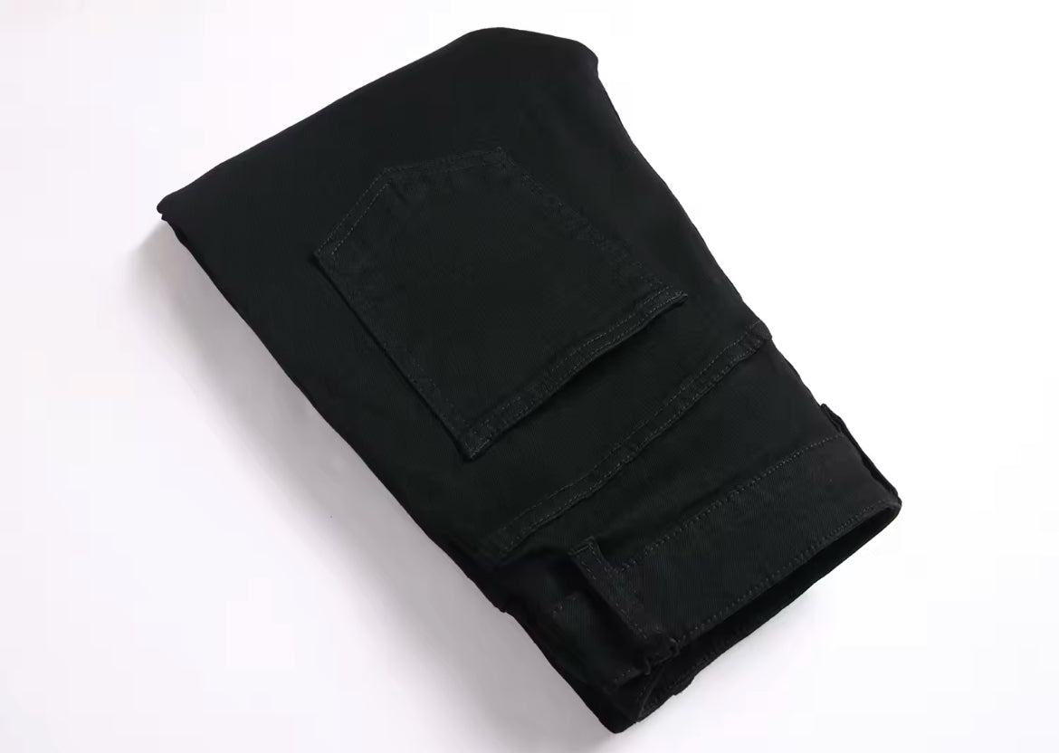 New Mens Gothic Skull Embroidered Jeans Slim Fit Streetwear Denim with Green Skull Graphic Print
