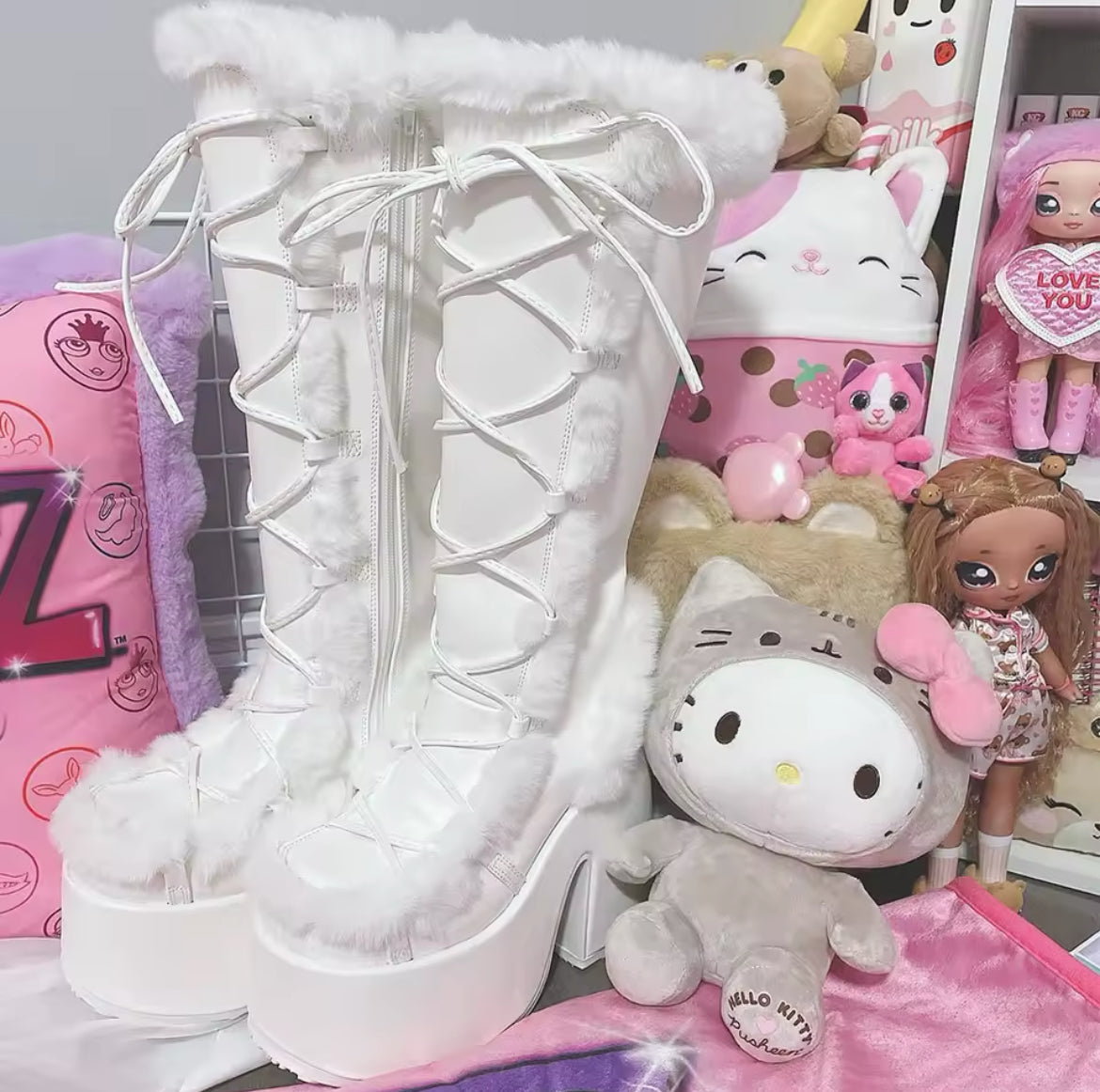 New Faux Fur Platform Knee- High Cozy Gothic Warm Chunky Boots