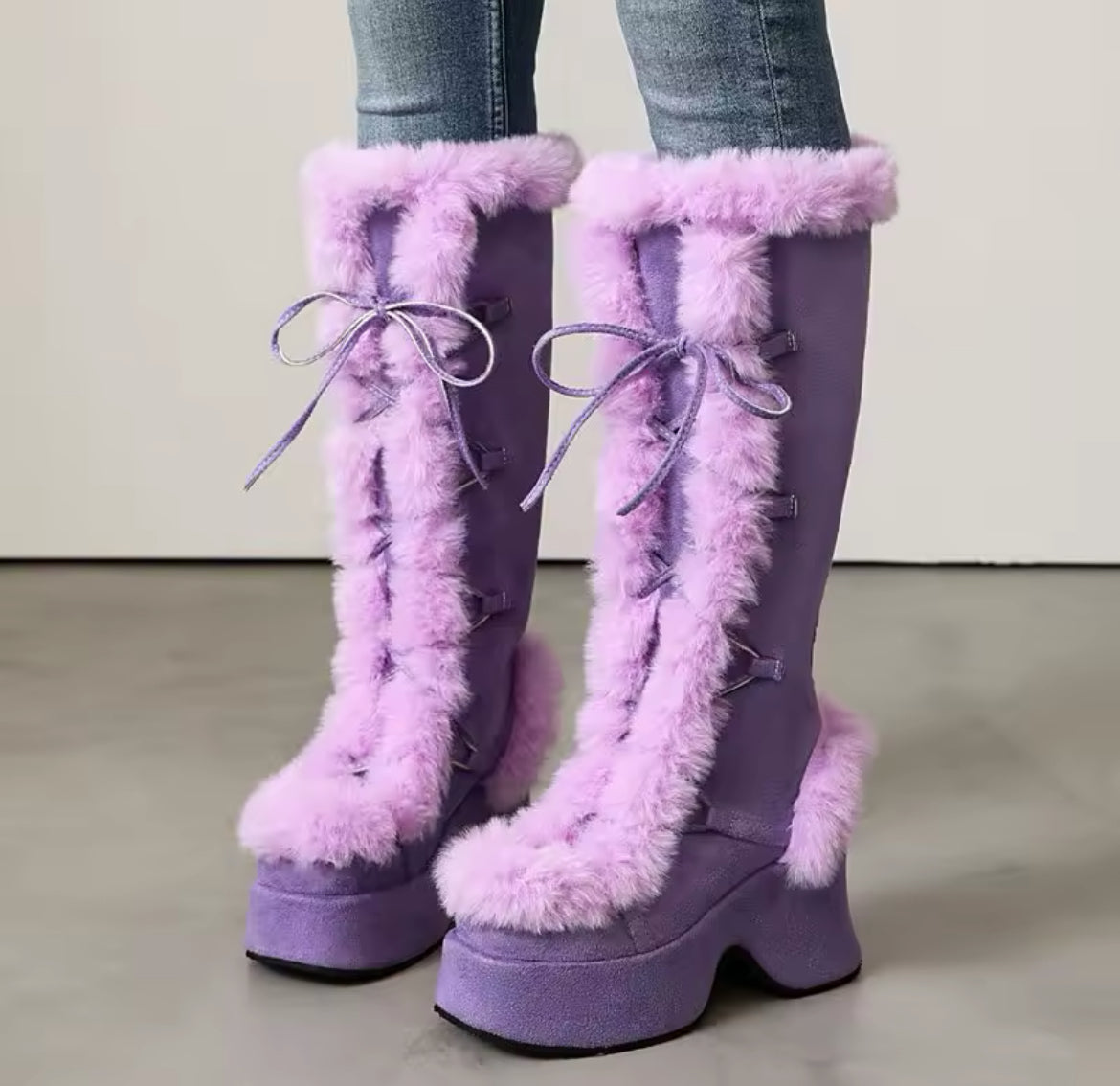 New Faux Fur Platform Knee- High Cozy Gothic Warm Chunky Boots