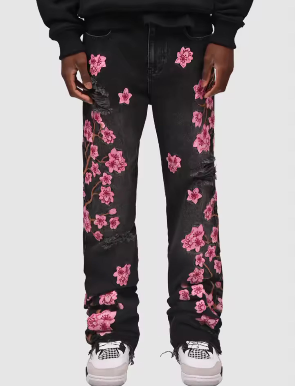 New Mens Cherry Blossom Embroidered Denim Jeans Distressed Floral Straight-Leg Pants