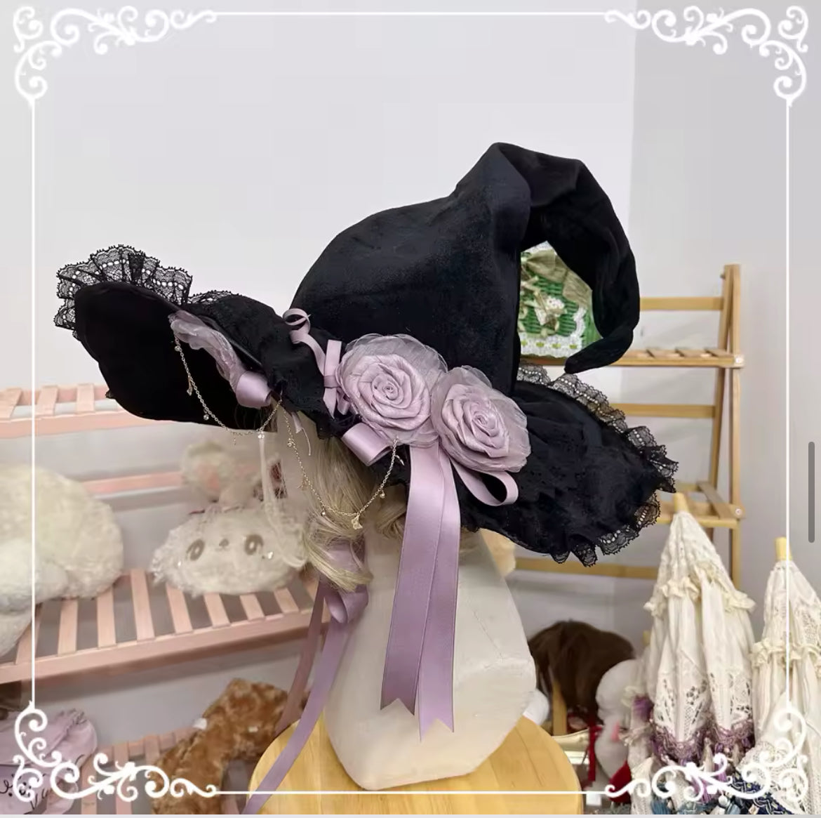 “Victorian Rose Lolita Witch Hat – Handmade with Lace and Satin Roses” Stunning Magickal