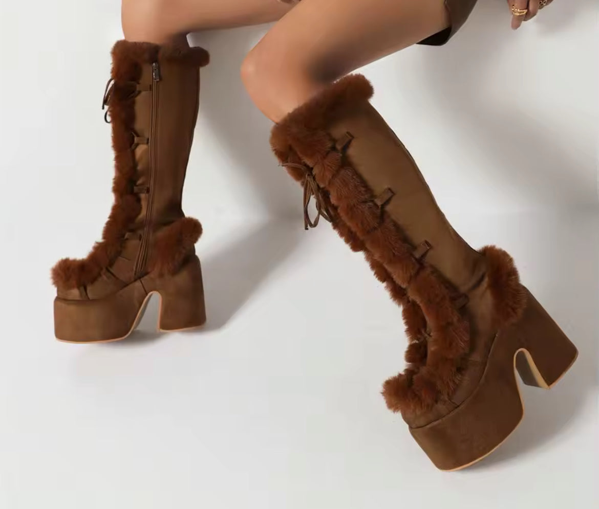 New Faux Fur Platform Knee- High Cozy Gothic Warm Chunky Boots