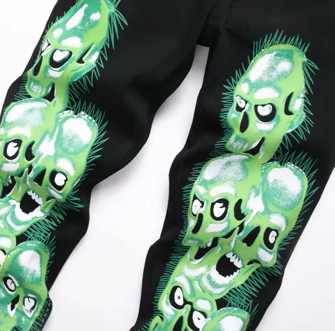 New Mens Gothic Skull Embroidered Jeans Slim Fit Streetwear Denim with Green Skull Graphic Print
