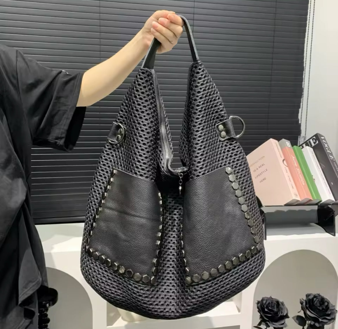 Retro Large Mesh Studded Hobo Handbag